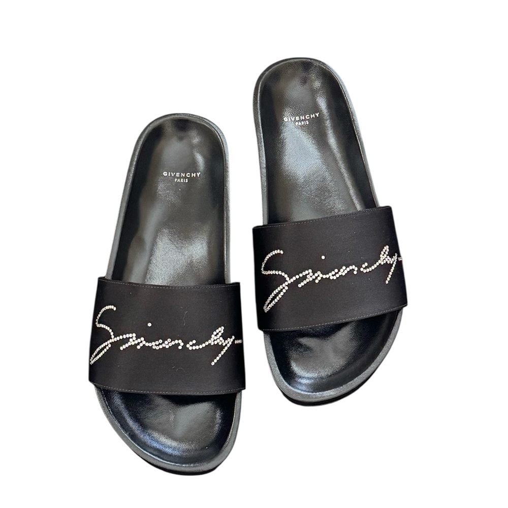 NWT Givenchy Crystal-Logo Satin Slide Sandals